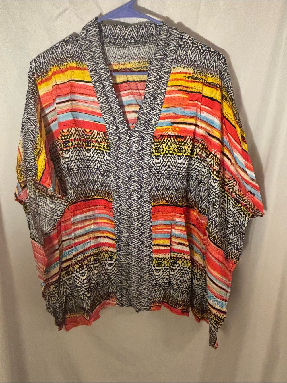 Boho Multi-Stripe V-Neck Tunic Top - Black & Coral